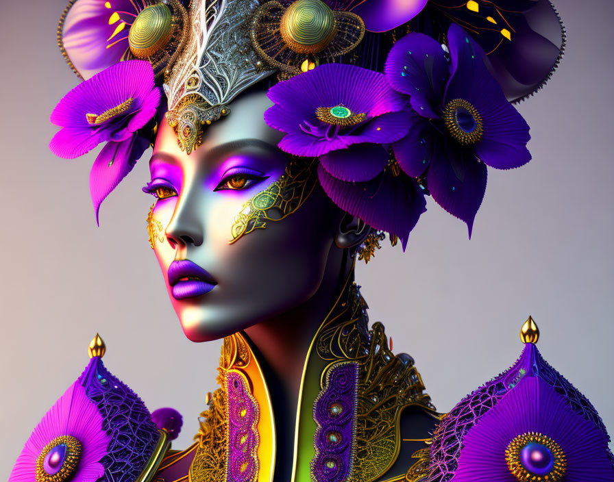 Colorful 3D illustration of woman with purple skin and ornate headgear