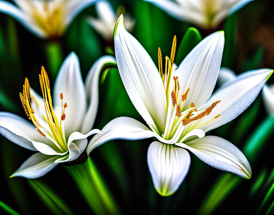 Detailed view: Vibrant white lilies with golden stamens on dark green backdrop