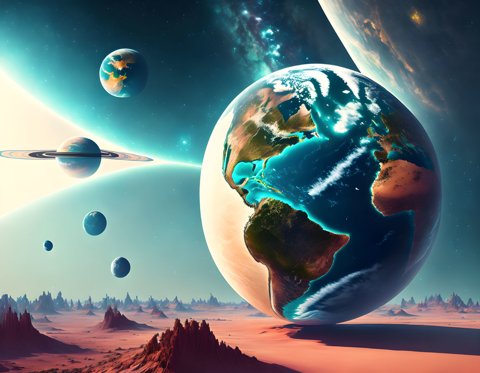 Colorful sci-fi landscape with oversized planets and orange sky