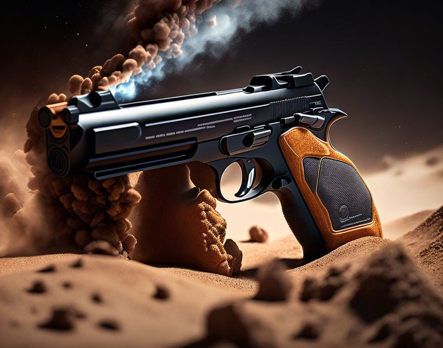 Wooden grip handgun on sandy terrain with dust clouds in background