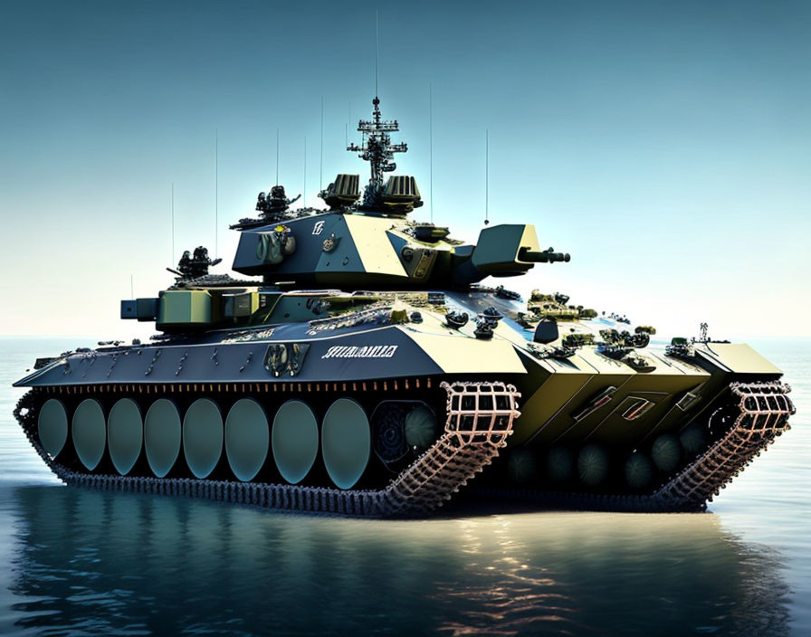 Futuristic amphibious tank with turrets on calm sea at dusk