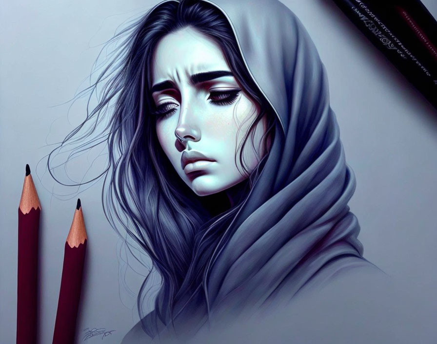 Melancholic woman with long hair and shawl in blue and gray hues, with pencils.