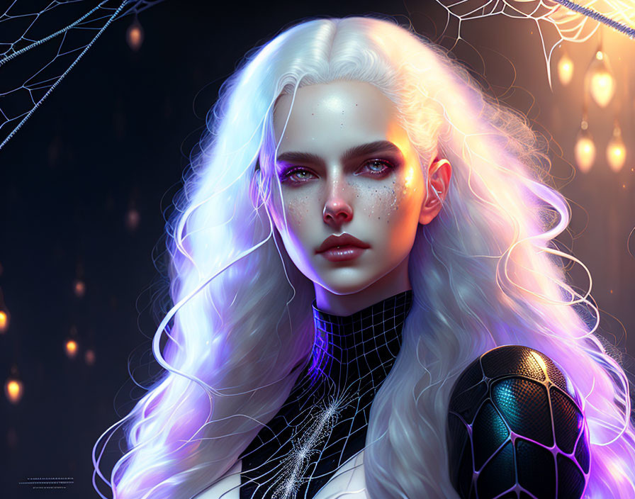 Female digital art portrait: pale skin, white hair, freckles, dark bodysuit,