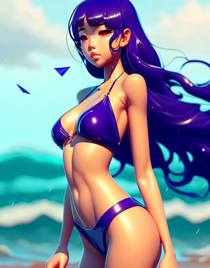 Digital artwork: Woman with purple hair, bikini, by the sea