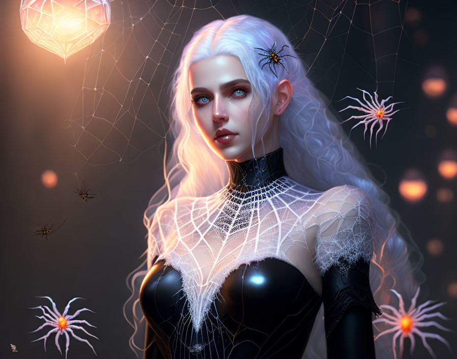 Pale woman with white hair in black outfit surrounded by glowing spiders and cobwebs