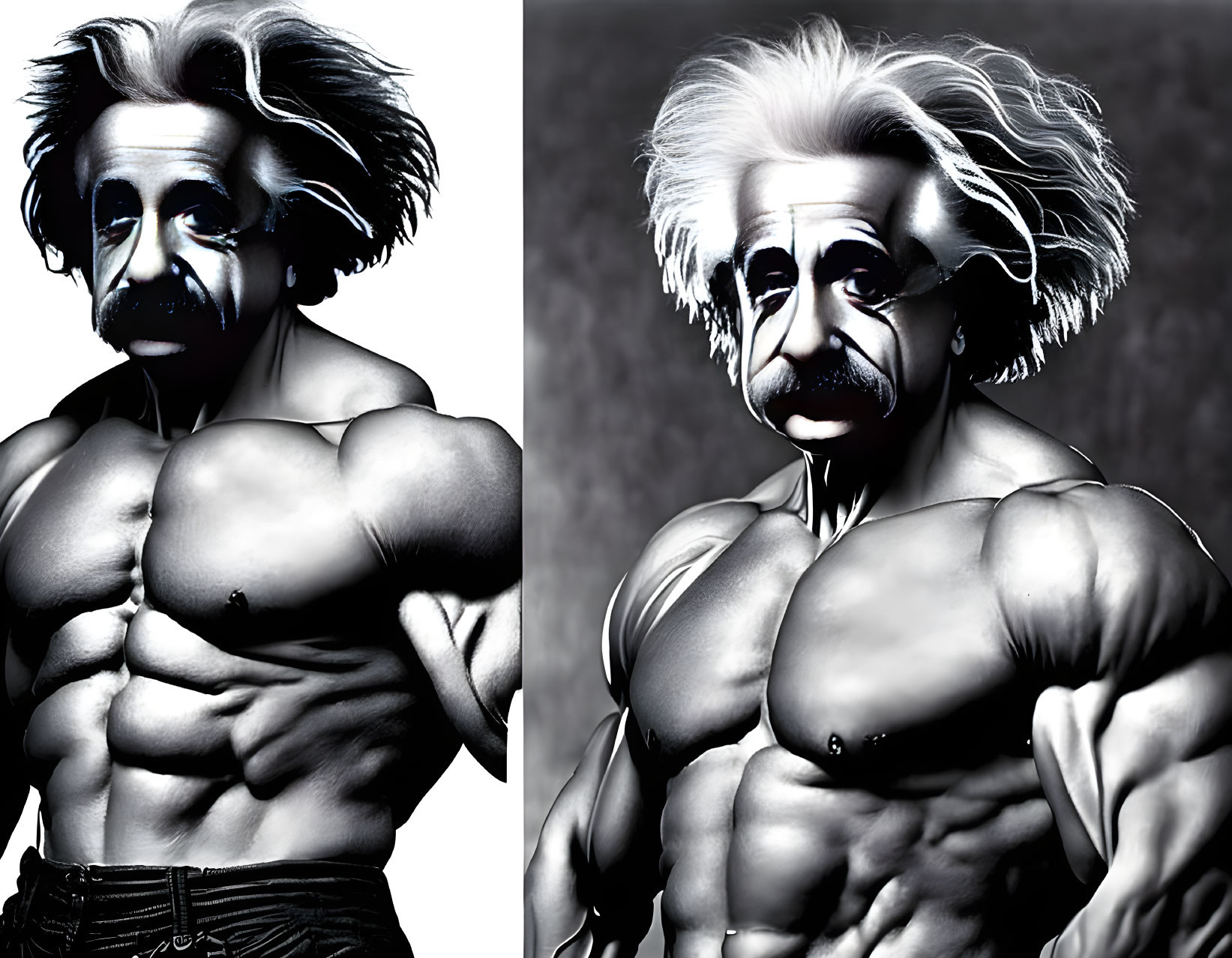 Digital image of Albert Einstein's face on a muscular body in two poses