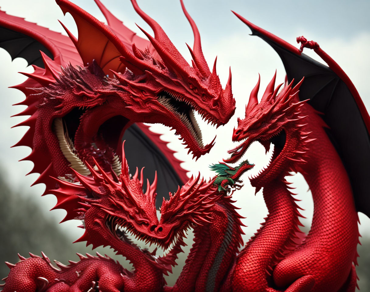 Vivid Red Dragon Sculpture with Multiple Heads and Large Wings