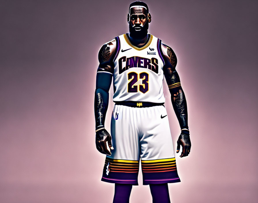 Stylized basketball player in purple and gold uniform with number 23 on pinkish-purple background