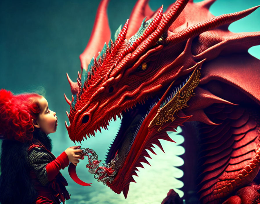 Child in Red Hood Confronts Red Dragon on Aqua Background