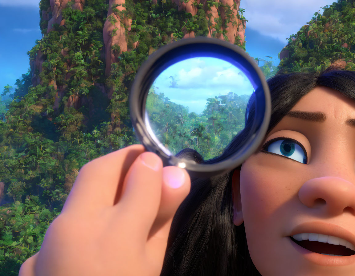 Curious animated character with magnifying glass in nature.