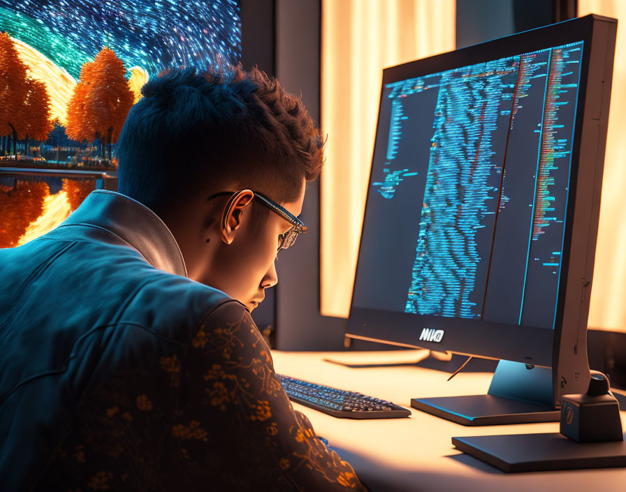 Individual in glasses studying code on computer in dimly lit room