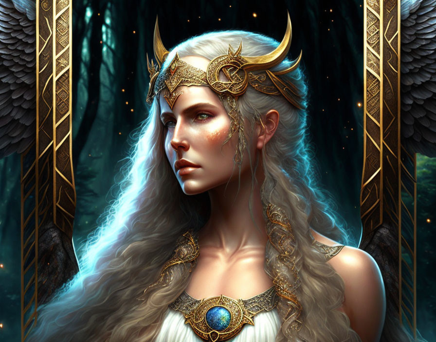 Regal female figure in golden crown and ornate attire in enchanted forest