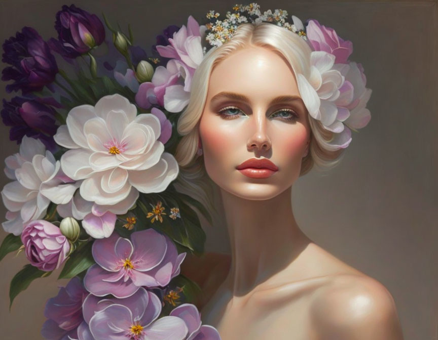 Digital painting of woman with pink and purple floral crown