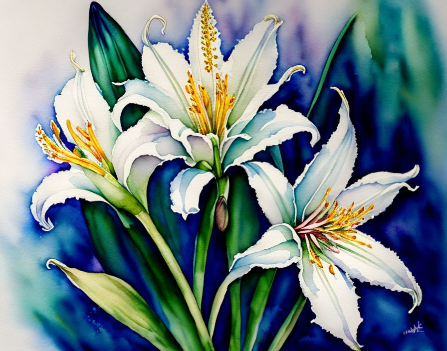 Vibrant watercolor painting of white lilies on blue background