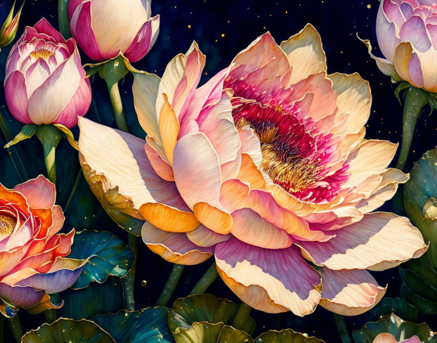 Vibrant pink and orange lotus flowers on dark, starry backdrop