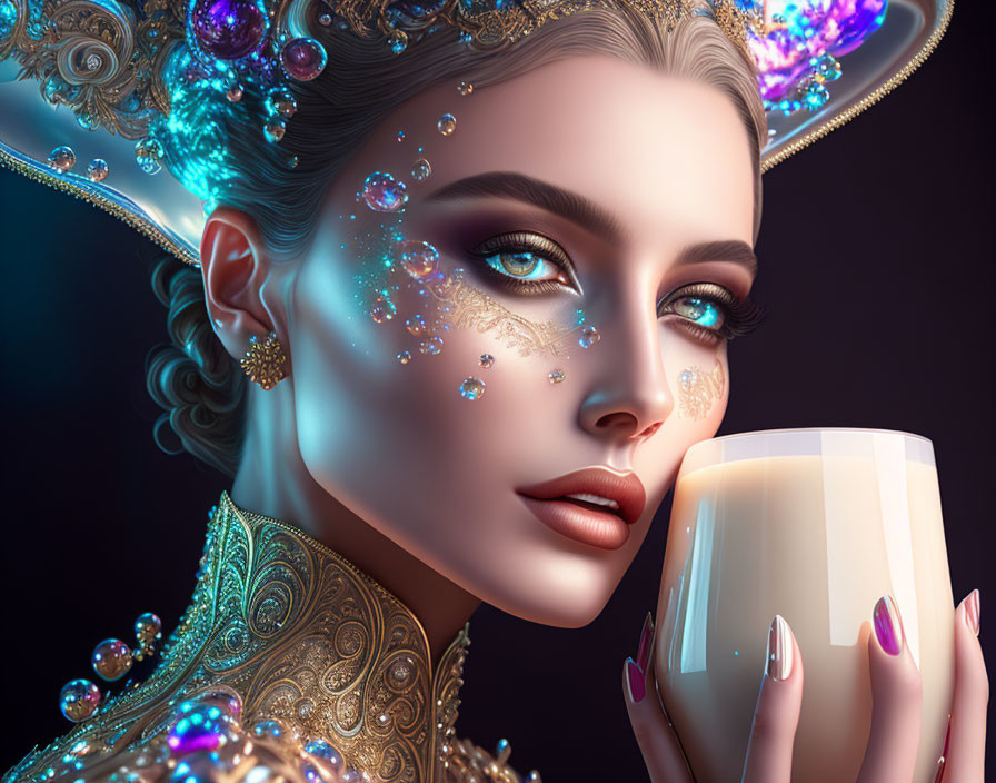 Digital artwork: Woman with ornate headpiece and candle on dark background