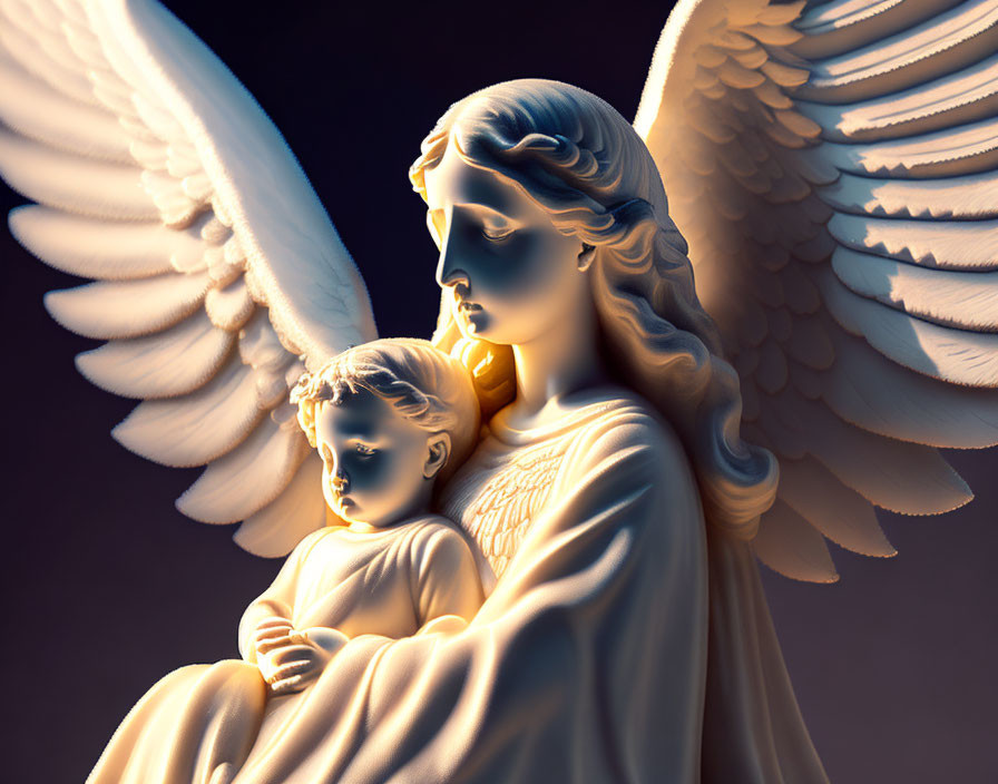 Angel holding child with serene expressions on gradient background