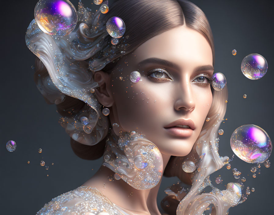 Iridescent bubbles and glossy substance on woman in digital portrait