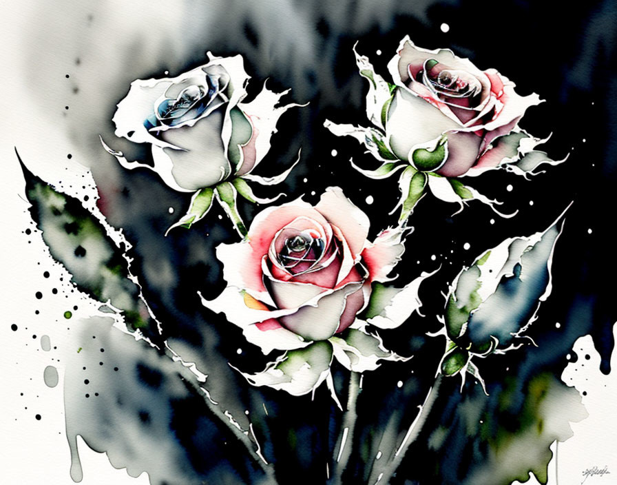 Watercolor painting of three roses with red and white petals on textured background