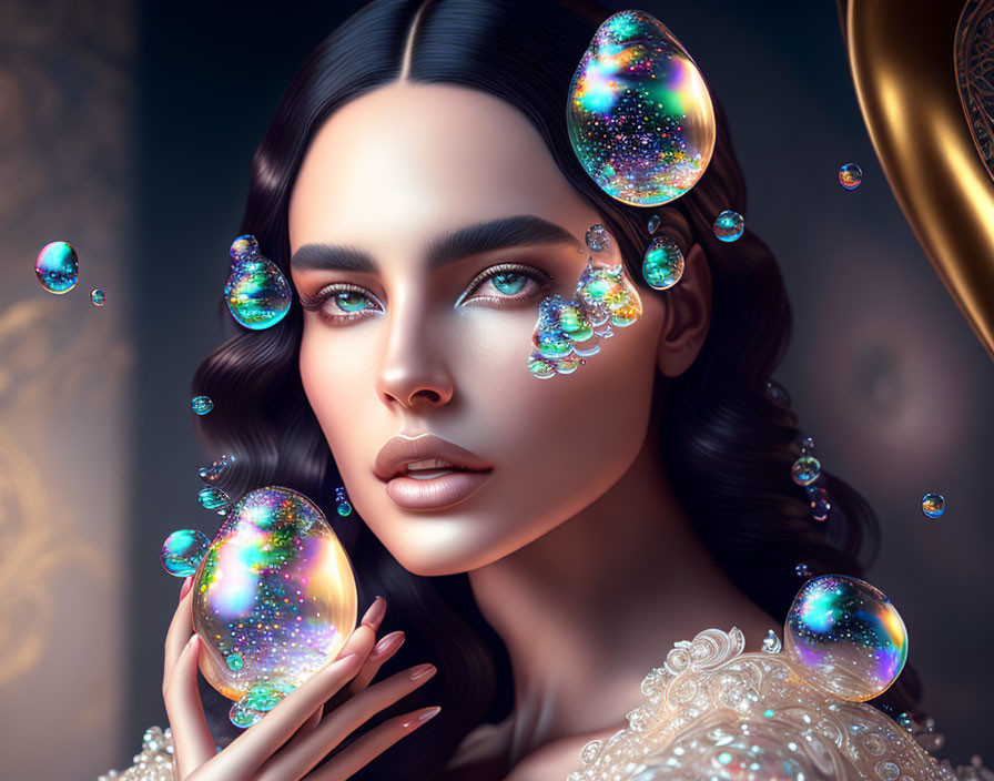 Digital artwork featuring striking woman with cosmic-themed makeup and iridescent bubbles on ornate background