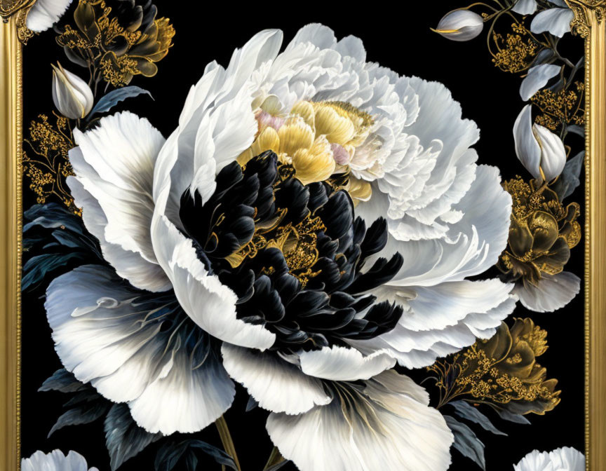 Ornate Painting of White and Black Peonies with Gold Accents