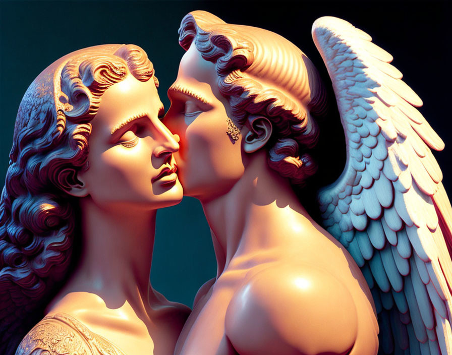 Digital artwork of angelic beings in intimate moment with detailed wings and classic hairstyles