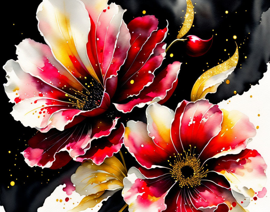 Colorful watercolor painting of red and yellow poppies on black background