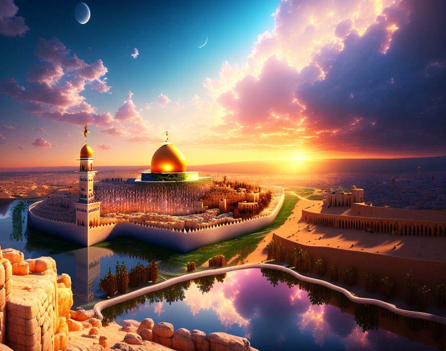 Fantasy oasis with golden dome, lush trees, and sunset sky