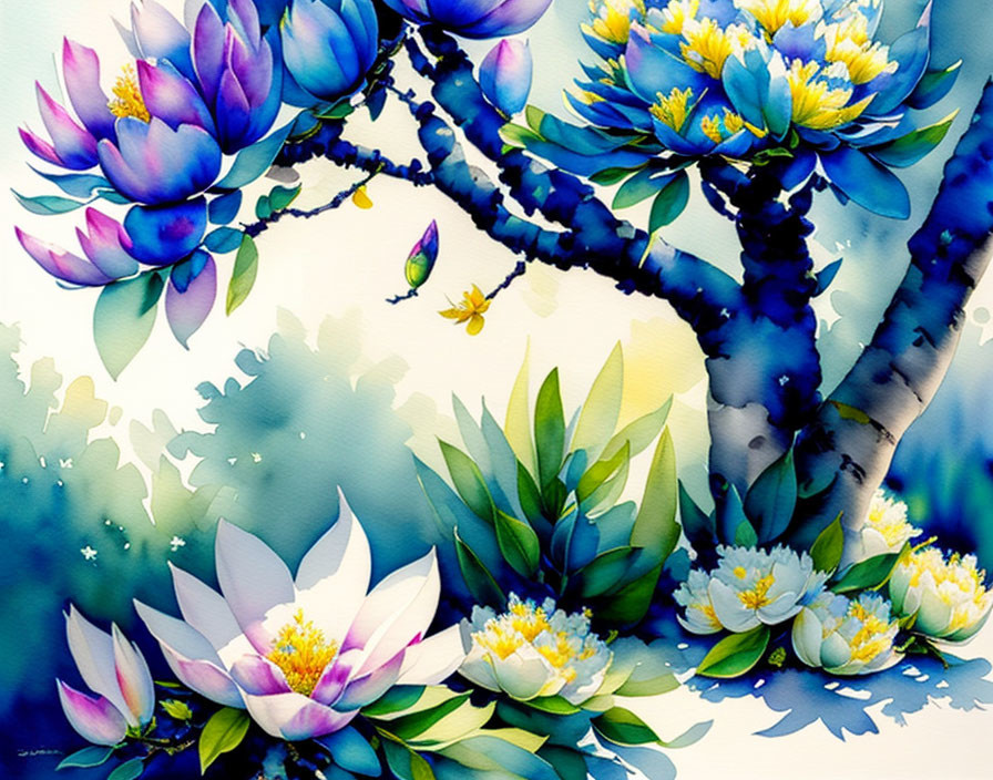 Colorful Lotus Flowers Painting with Butterfly and Watercolor Splashes