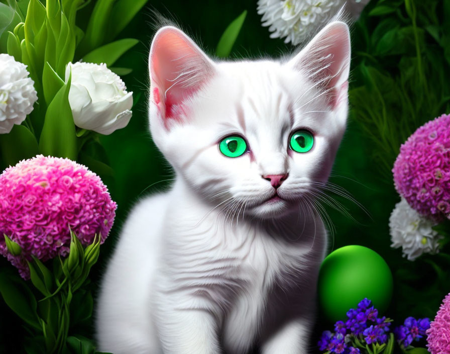 White Kitten with Green Eyes Among Colorful Flowers and Leaves