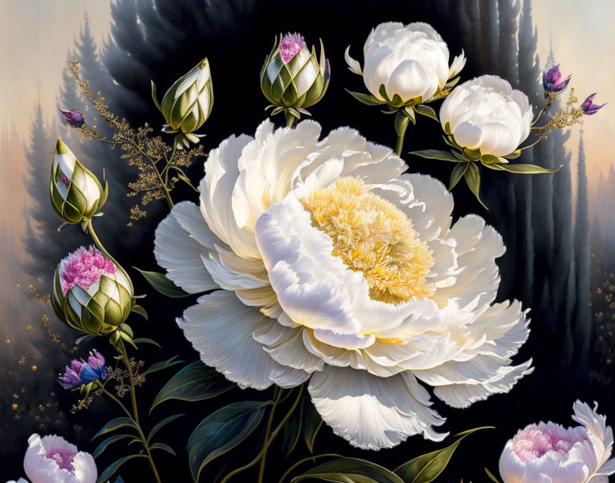 Detailed White Peonies Painting Against Forest Backdrop