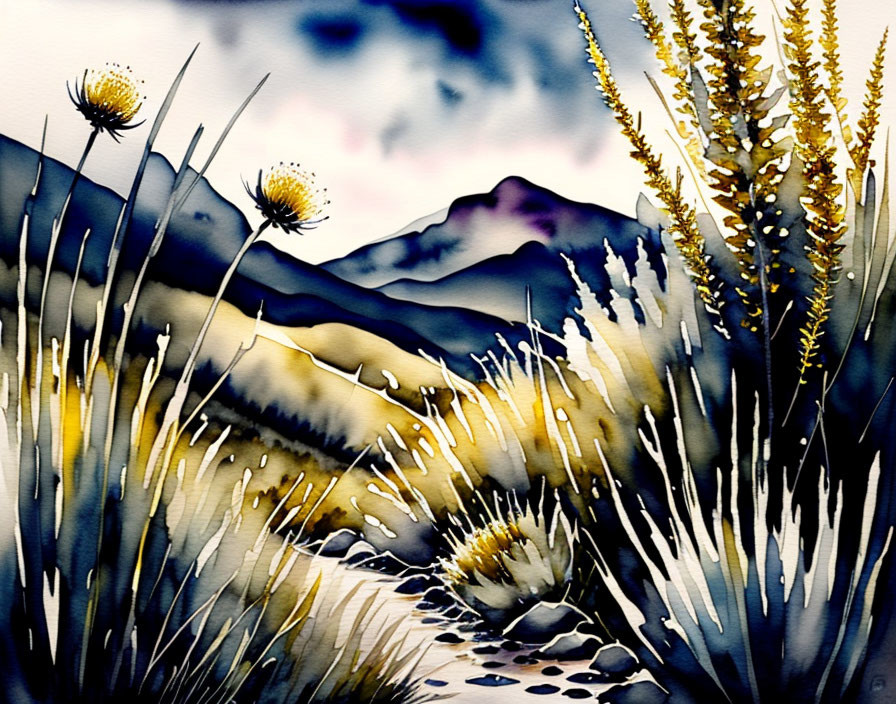 Serene landscape watercolor with wildflowers and mountains under cloudy sky