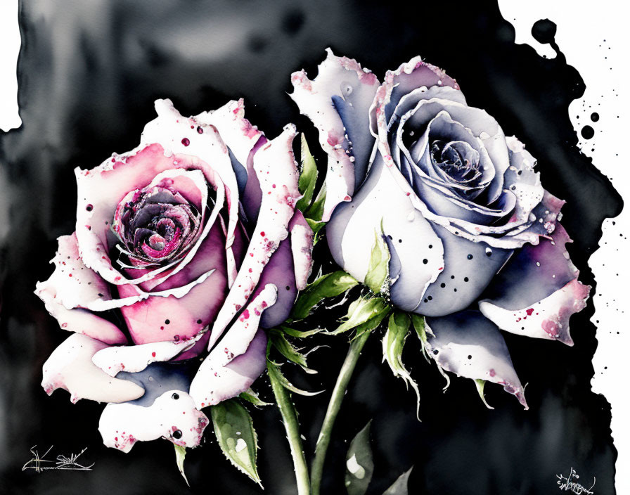 Watercolor painting of pink and blue roses on blurred black background