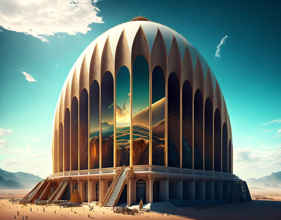 Futuristic dome structure with arches in desert landscape with person.