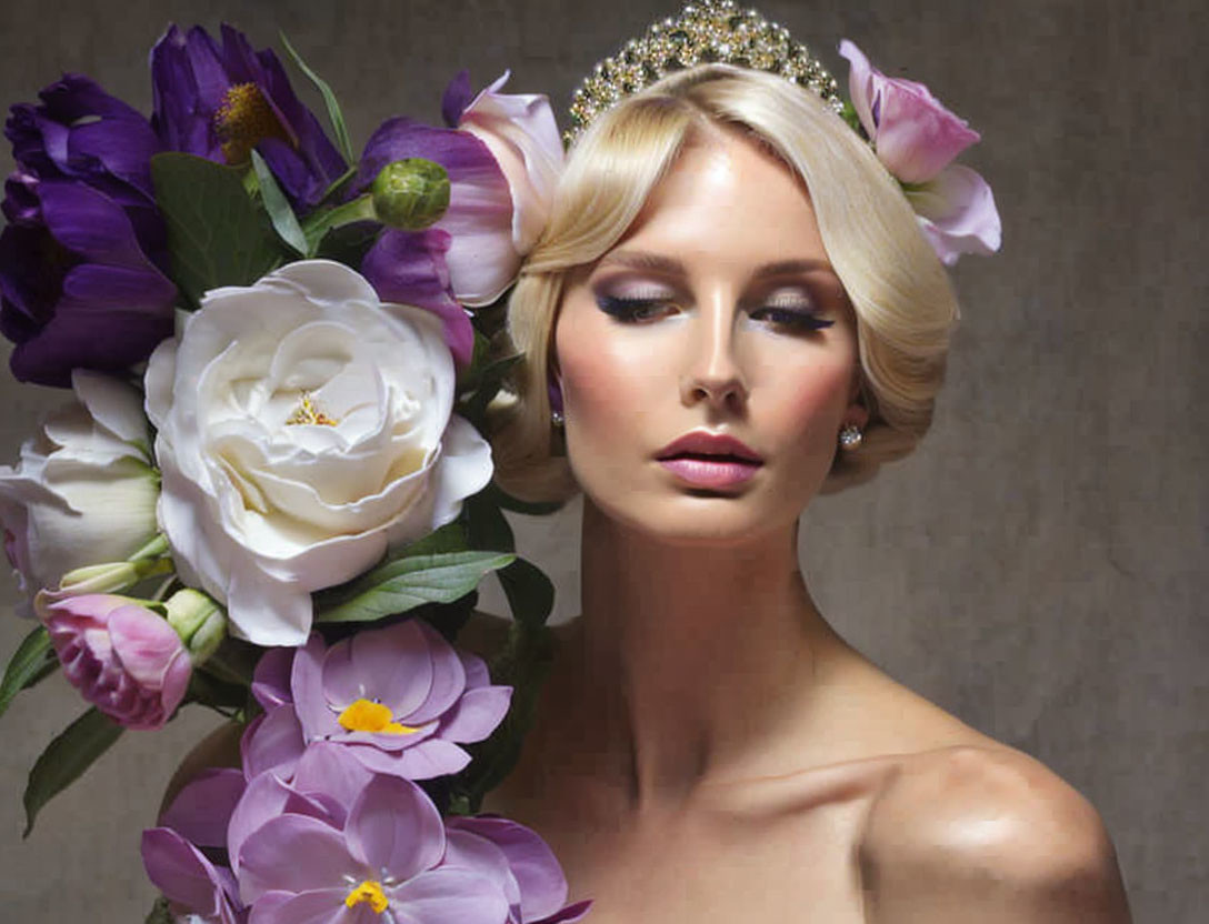 Woman with Floral Headpiece and Tiara: White Rose, Purple Flowers, Subtle Makeup