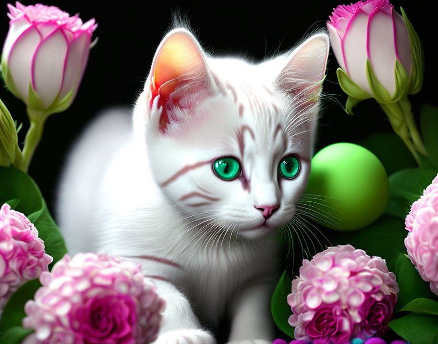 Adorable white kitten with green eyes in pink floral setting