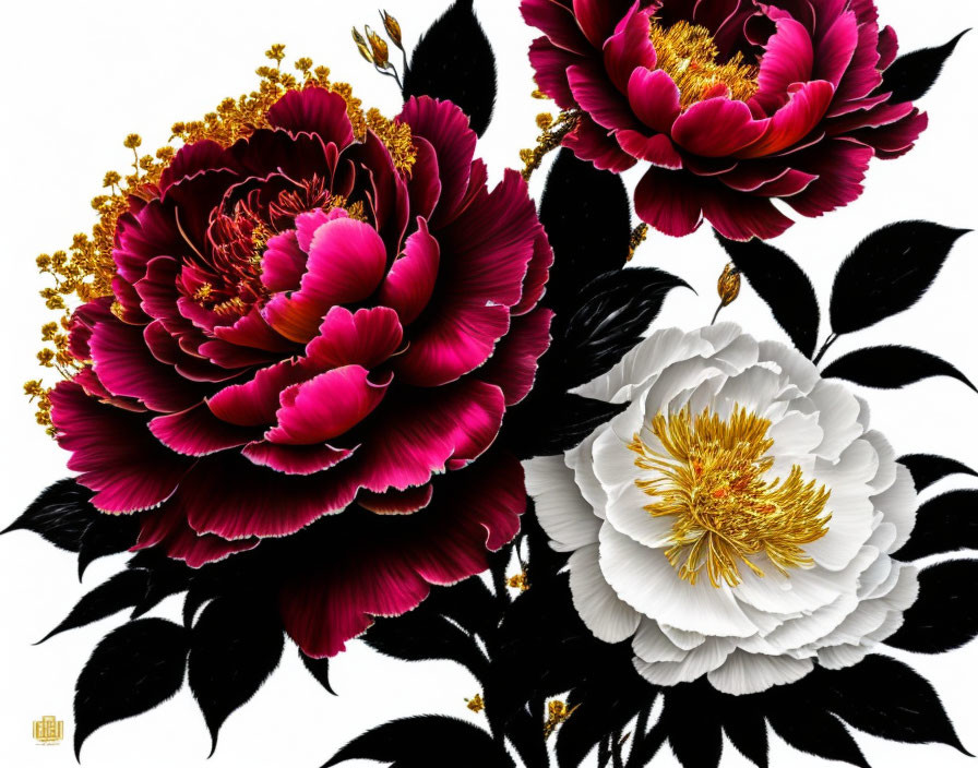 Colorful Peonies Illustration with Golden Accents on Light Background