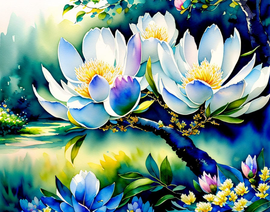 Vibrant watercolor painting of blooming white magnolias surrounded by lush greenery