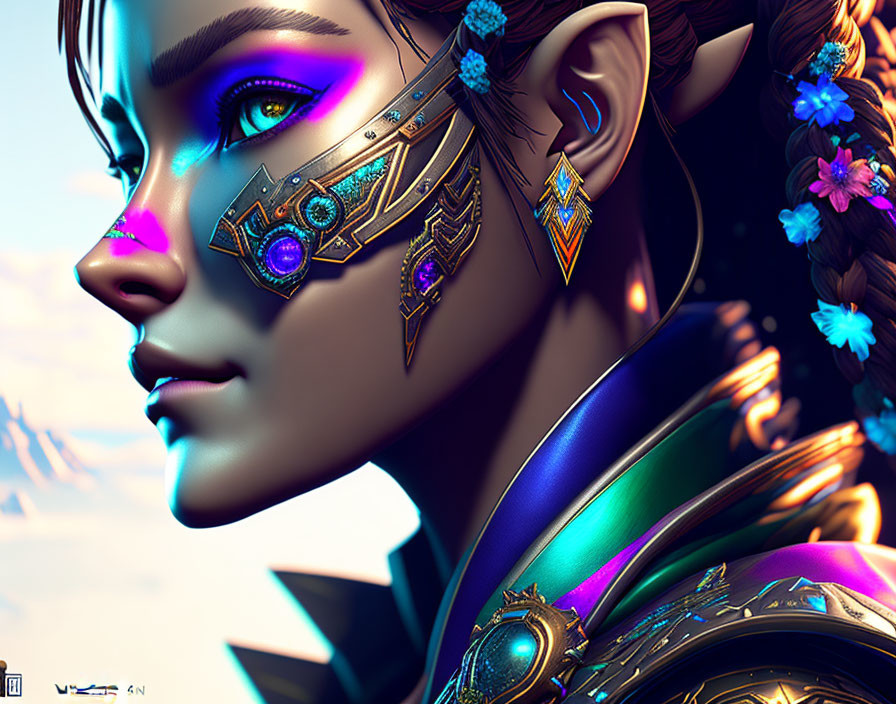 Digital artwork of female character with metallic blue and gold armor, vibrant makeup, earrings, and floral hair