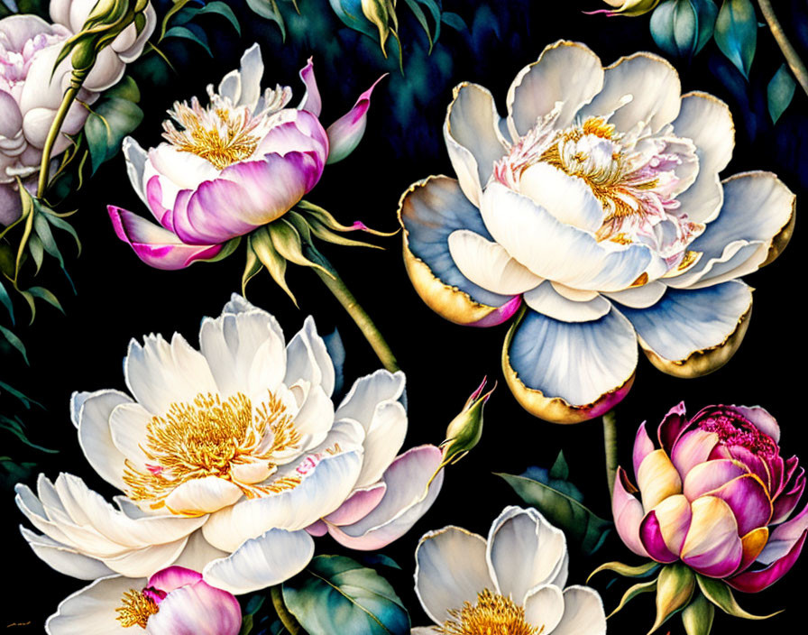 Detailed White and Pink Peonies Painting on Dark Background