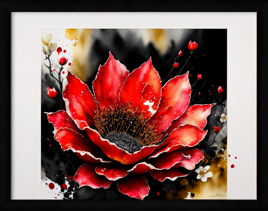 Red Poppy Painting with White Blossoms and Splattered Details in Black Frame