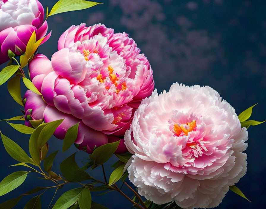 Pink peonies with golden centers on dark blue background.