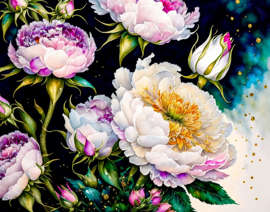 Colorful Peony Illustration with Golden Accents on Dark Background