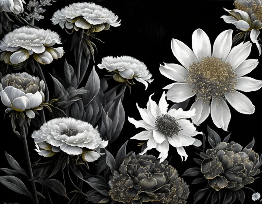 Detailed Monochromatic Floral Painting on Dark Background