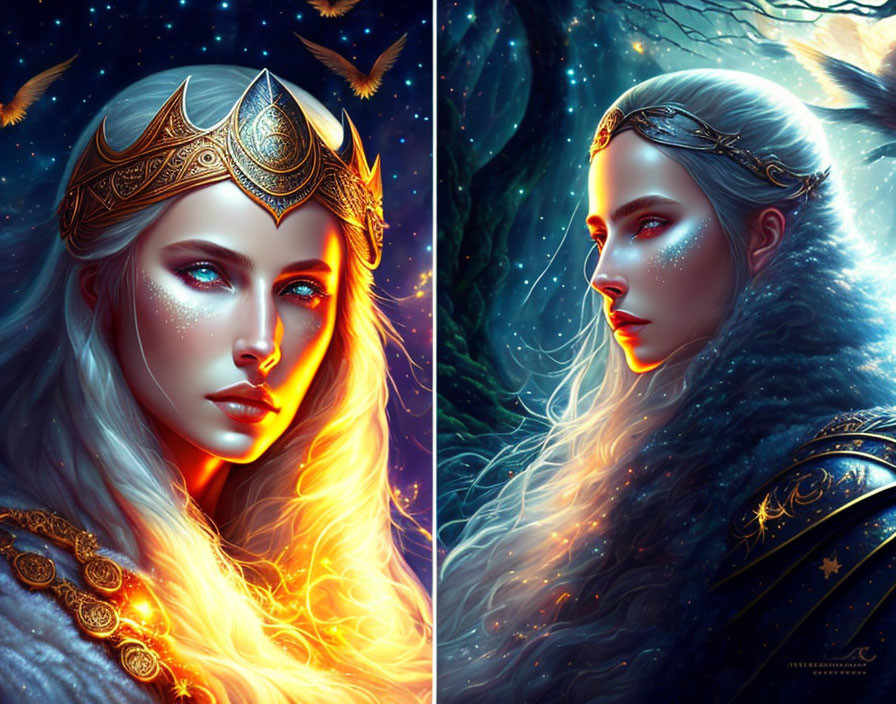 Fantasy female warrior with blue eyes in gold crown and armor on starry night background