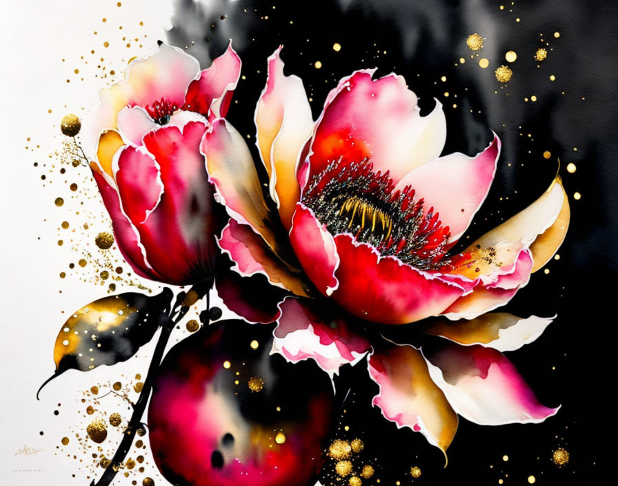 Colorful Watercolor Painting of Red and White Flowers on Black Background