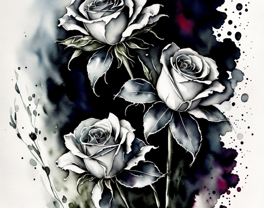 Monochromatic watercolor painting: Roses with splattered ink details