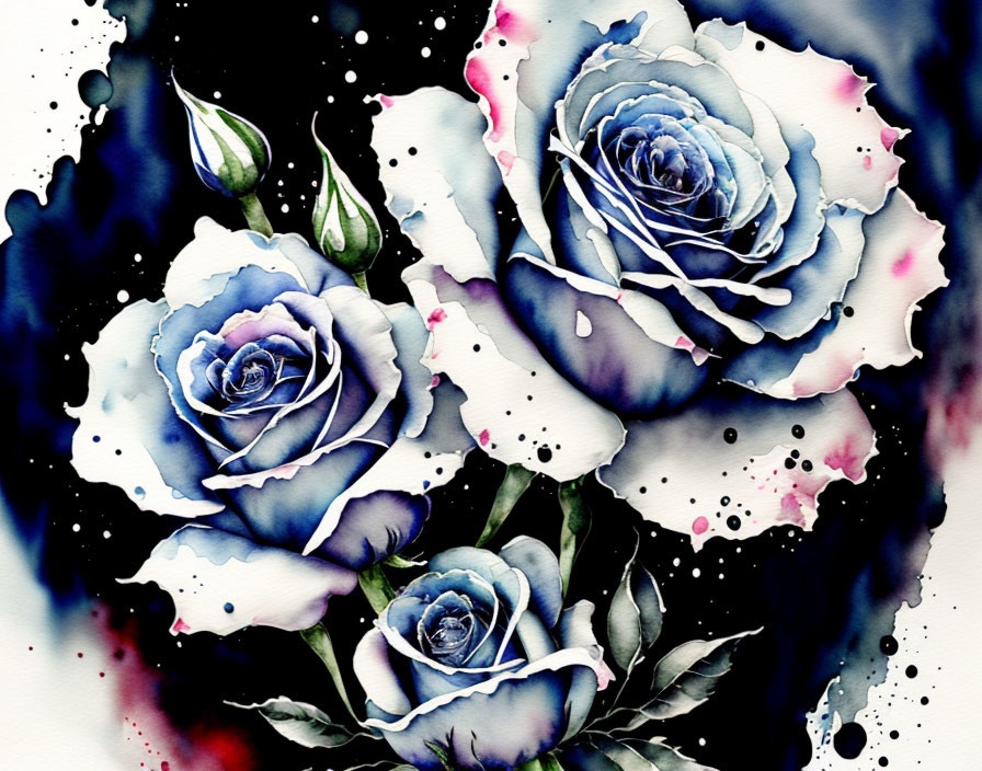 Detailed watercolor painting of blue roses with pink accents and black ink splatters and dark foliage.