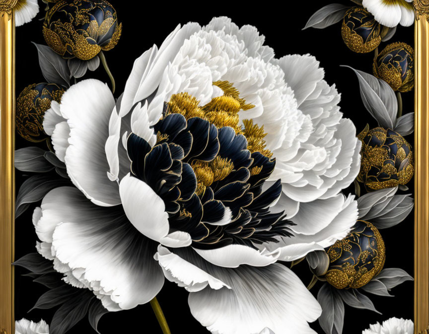 Detailed Graphic: White and Black Peony on Black Background with Gold Ornaments