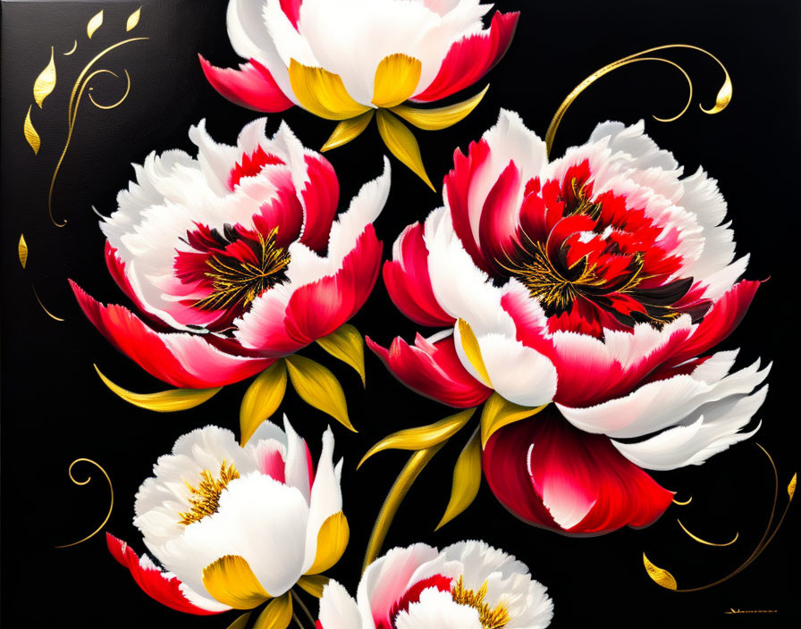 Colorful floral painting with gold accents on black background